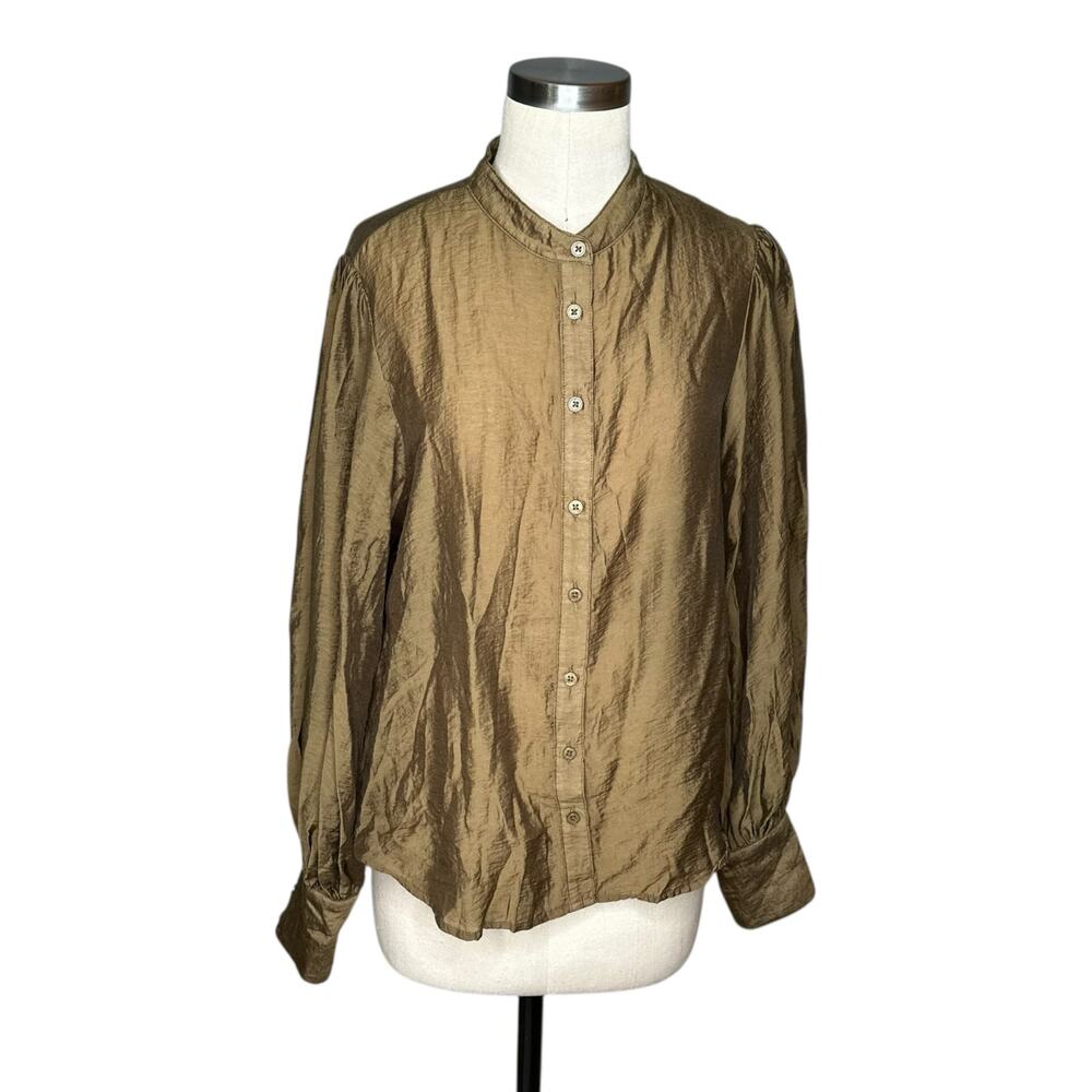 ANTHROPOLOGIE East West Long Sleeve Sheer Shiny Blouse Women's Size Medium Green